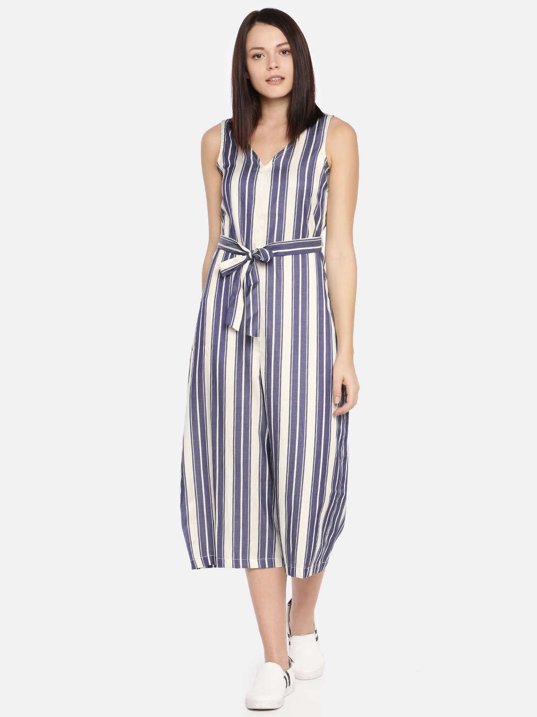 

AND Women Navy Blue & Off-White Striped Basic Jumpsuit