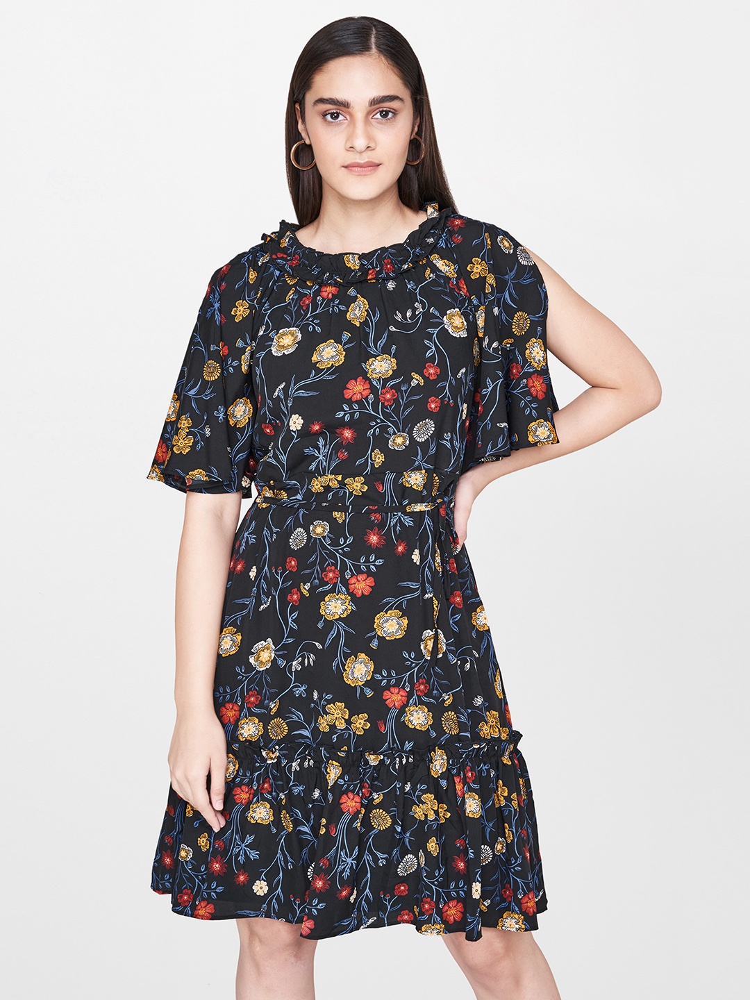 

AND Women Black Floral Print Fit and Flare Dress