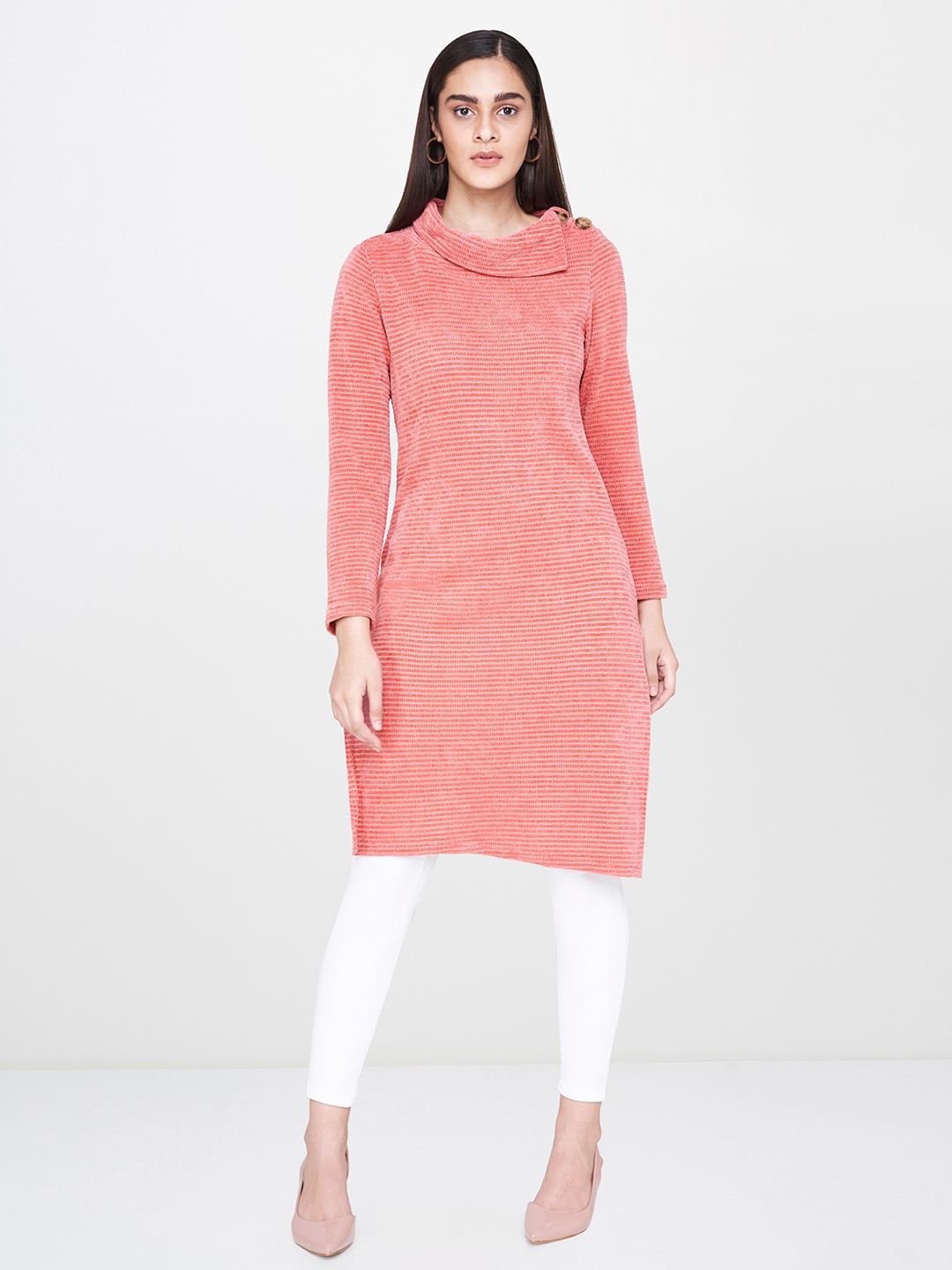 

AND Women Coral Pink Self Striped Tunic