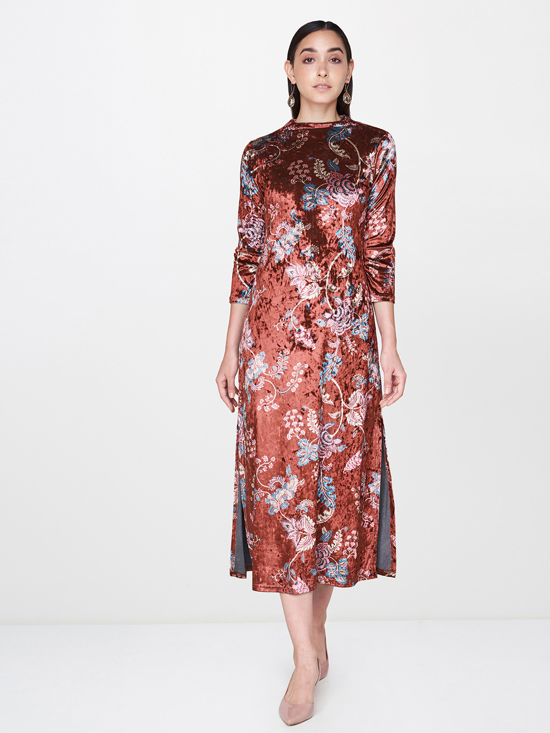 

AND Women Printed Maroon A-Line Dress