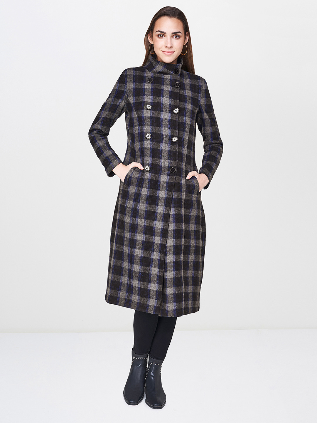 

AND Women Grey & Black Checked Parka Jacket