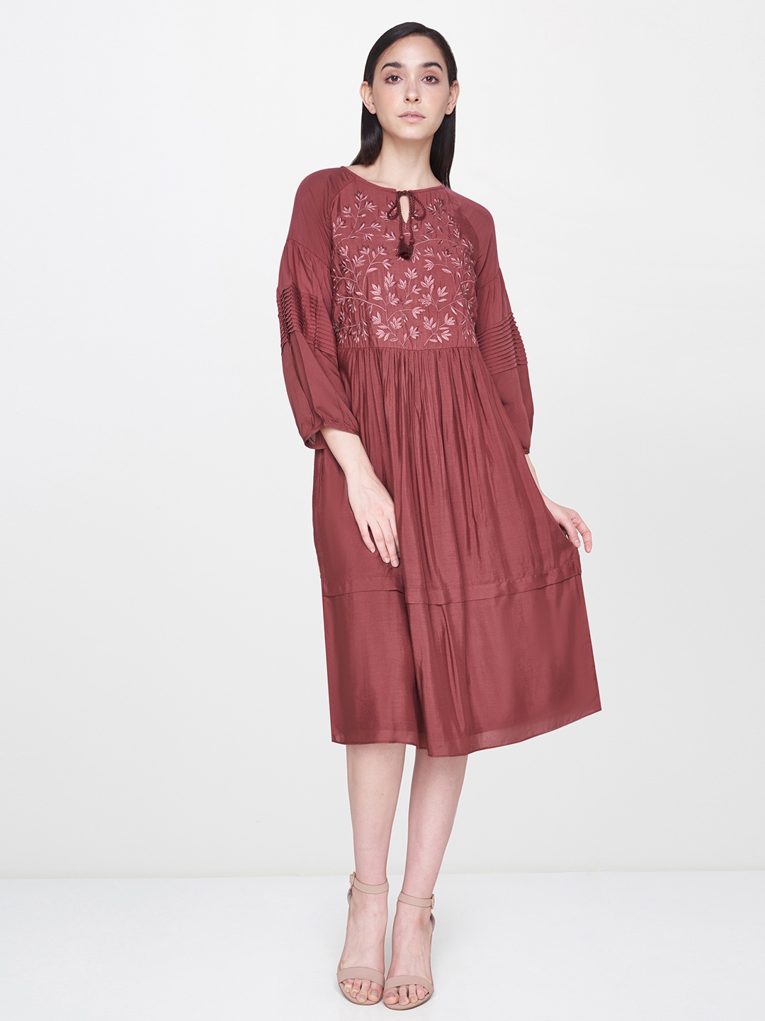 

AND Women Brown Floral Embroidered A-Line Dress