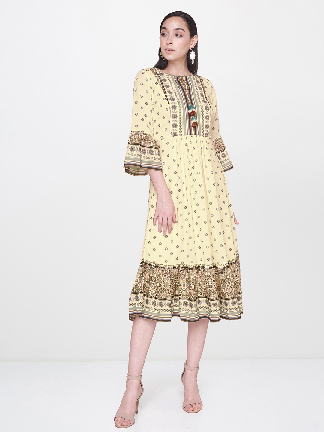 

AND Women Printed Beige Fit and Flare Dress