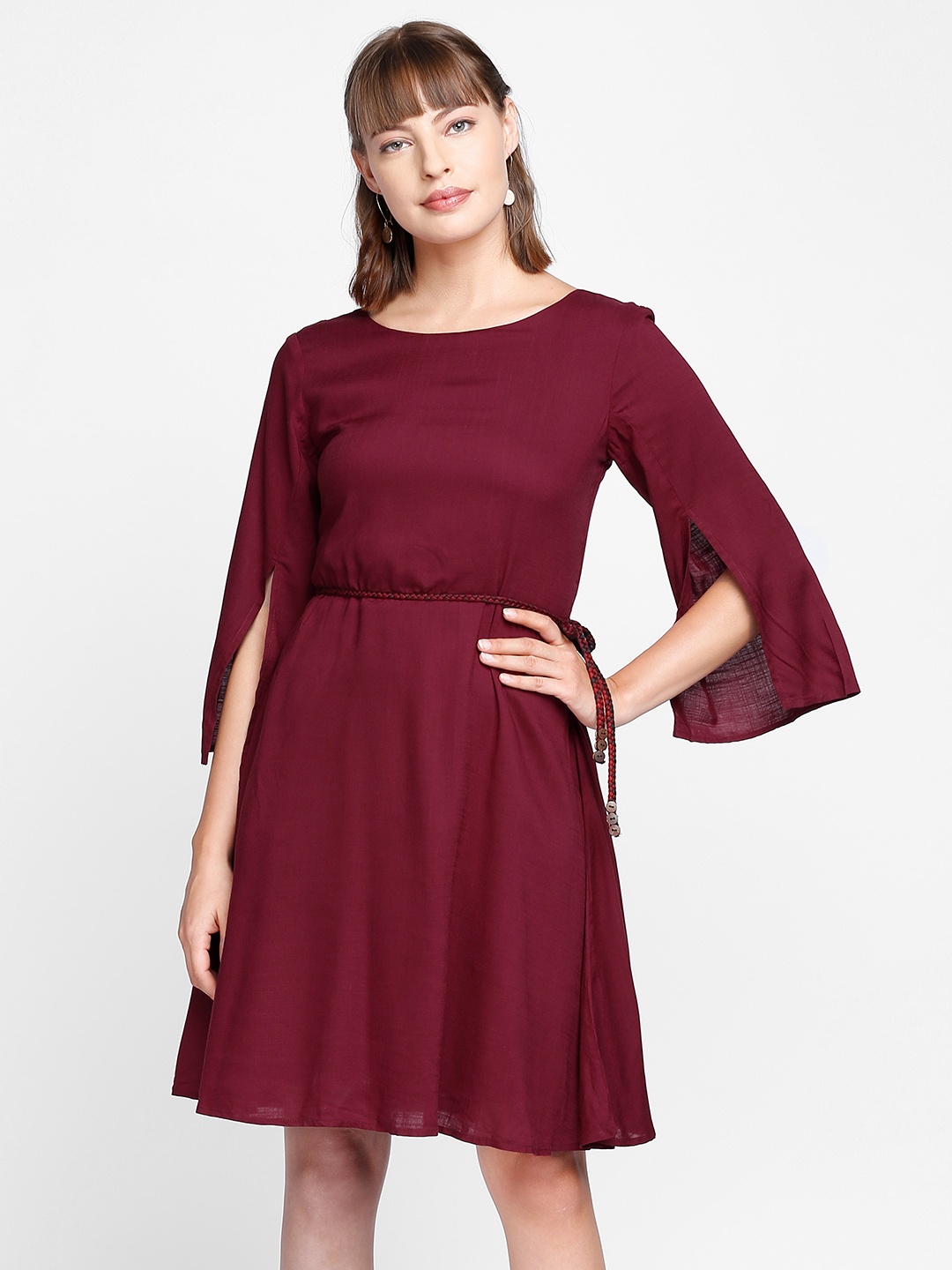 

AND Women Solid Maroon Fit and Flare Dress with Belt