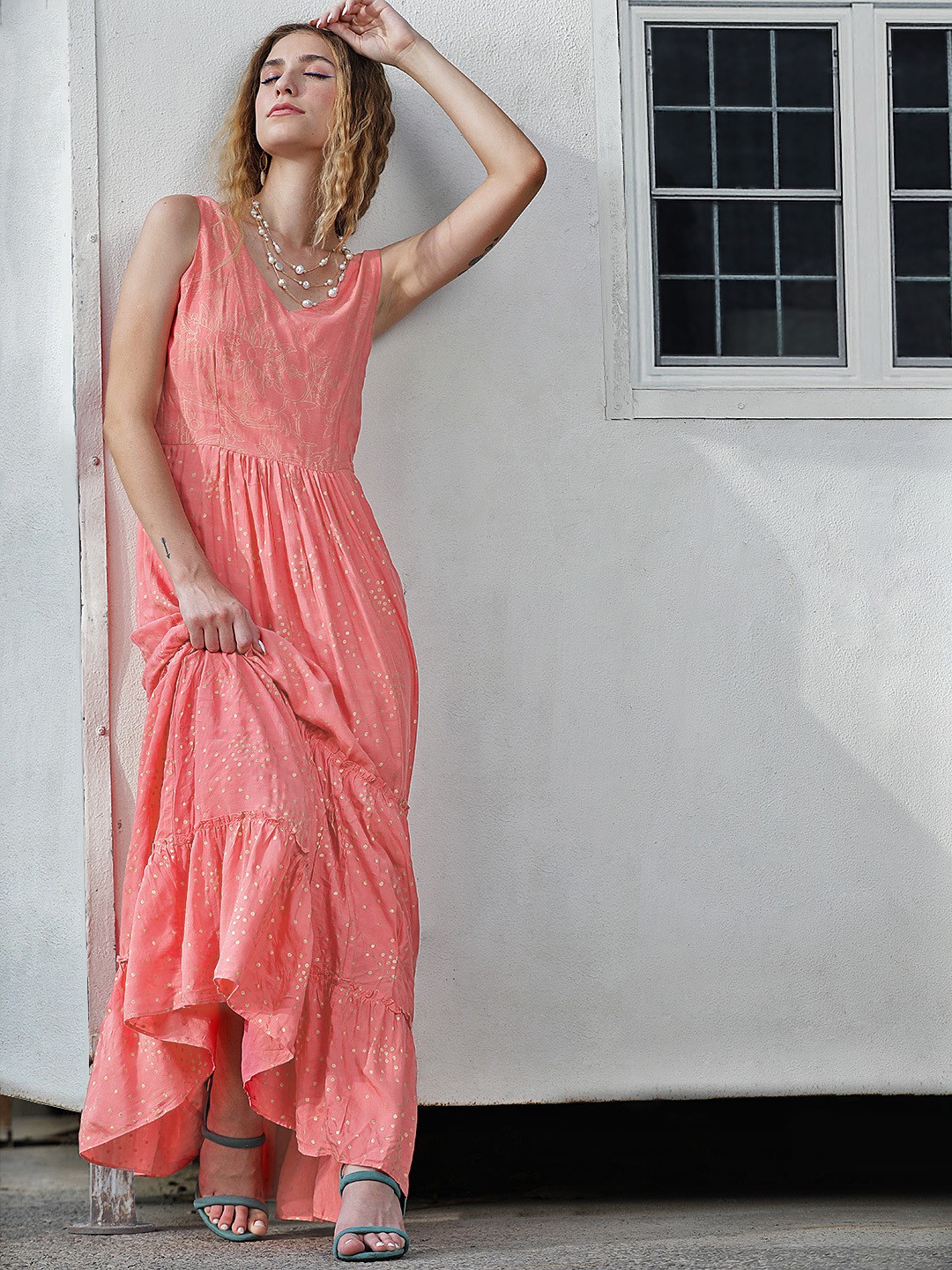 

AND Women Printed Pink Maxi Tiered Dress
