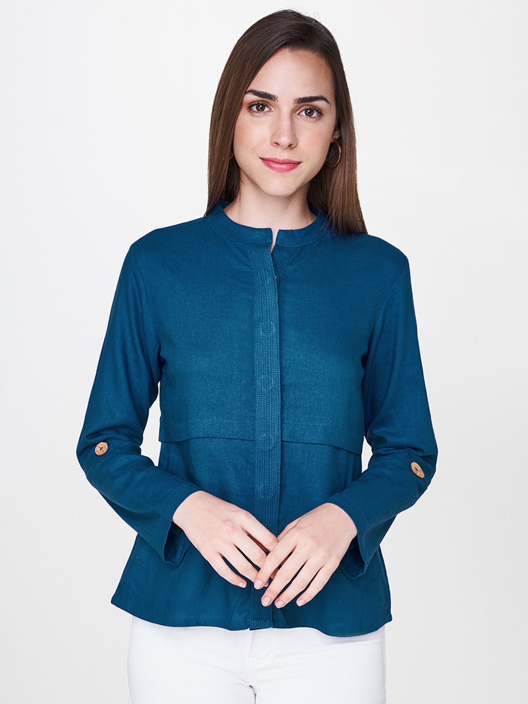 

AND Women Teal Blue Solid Shirt Style Top