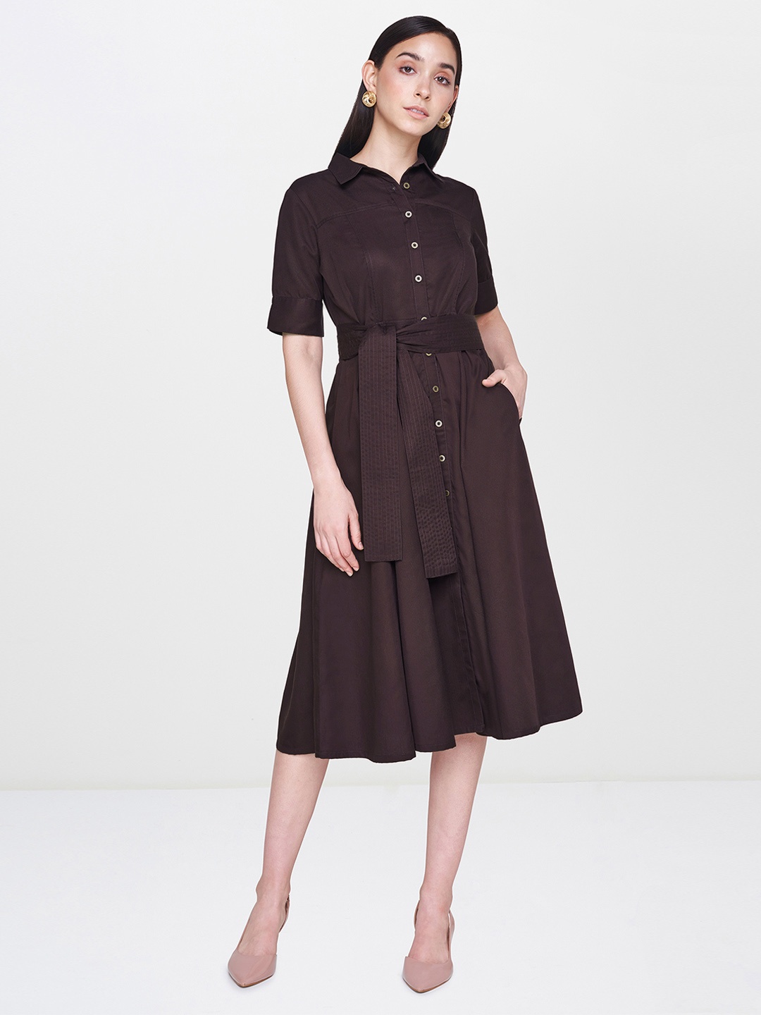 

AND Women Brown Solid Flared Shirt Dress