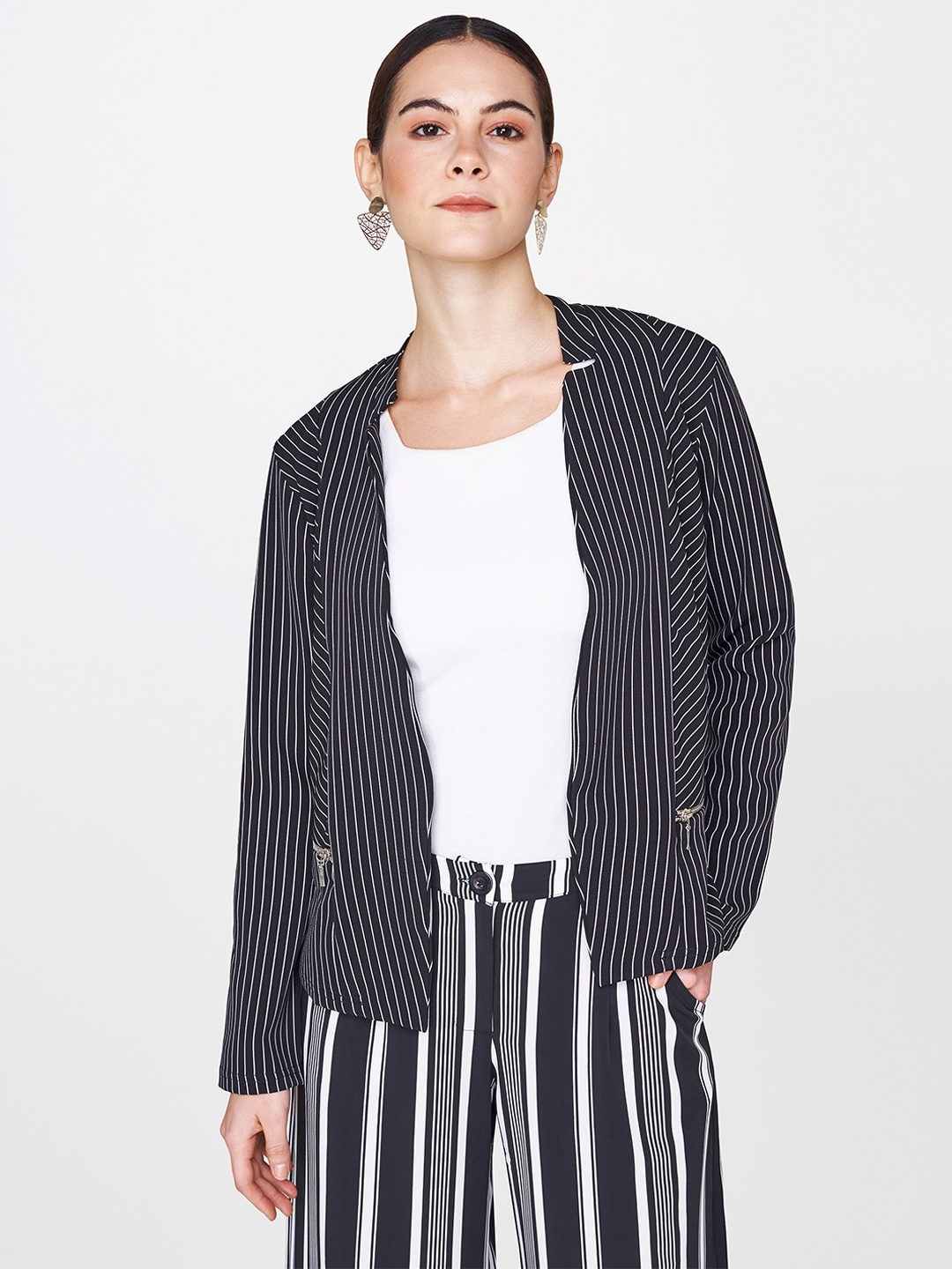 

AND Women Black & White Striped Jacket