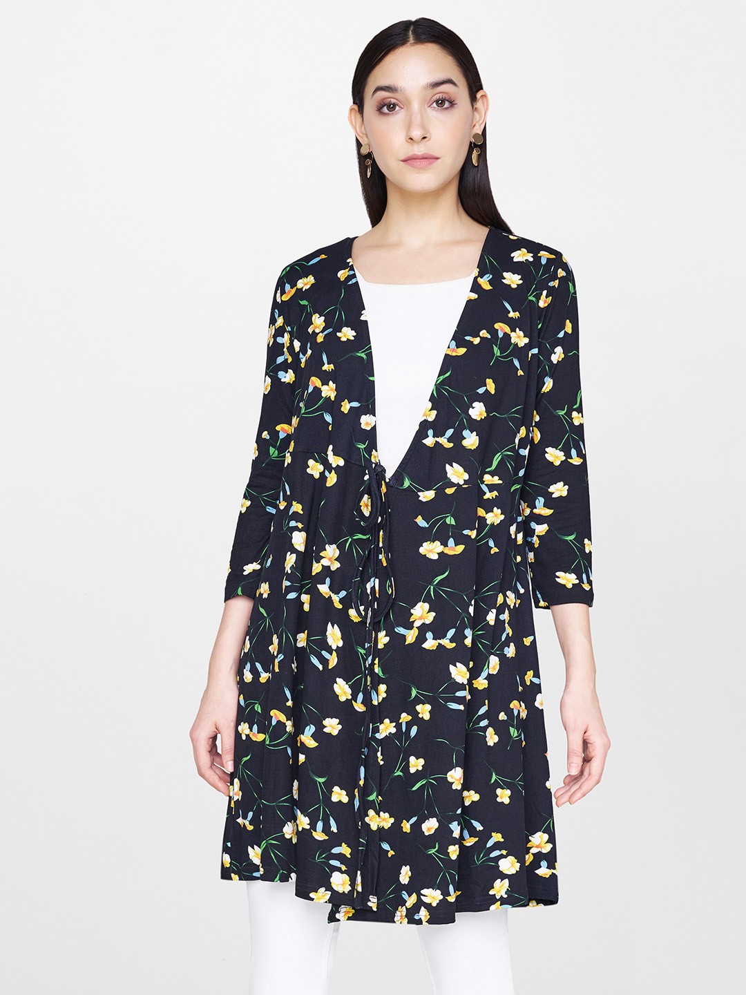 

AND Women Navy Blue Printed Tie-Up Shrug