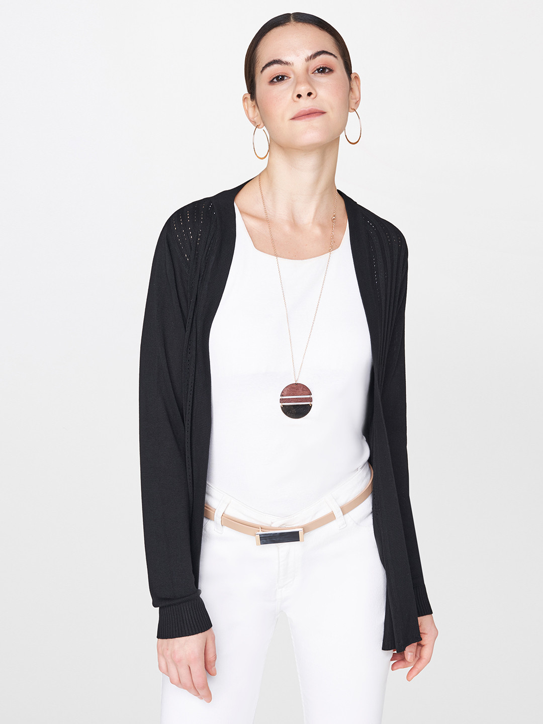 

AND Women Black Self Design Open Front Shrug