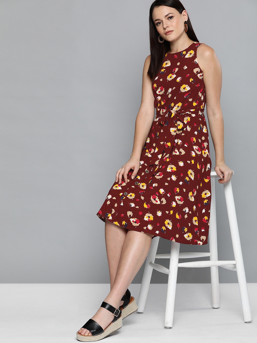 

Chemistry Women Maroon & Mustard Yellow Printed Fit and Flare Dress