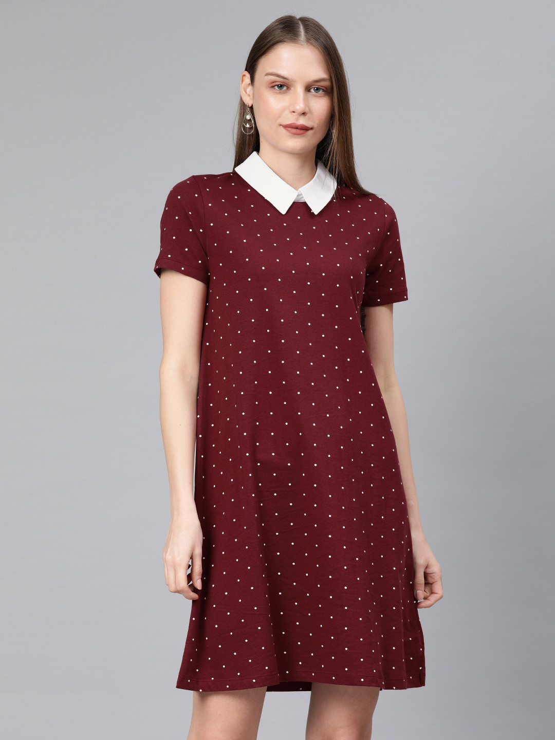 

Chemistry Women Maroon Polka Dots Printed T-shirt Dress