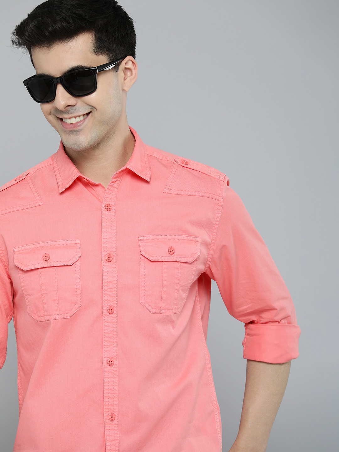 

HERE&NOW Men Pure Cotton Slim Fit Sustainable Casual Shirt With Shoulder Tab Detail, Pink