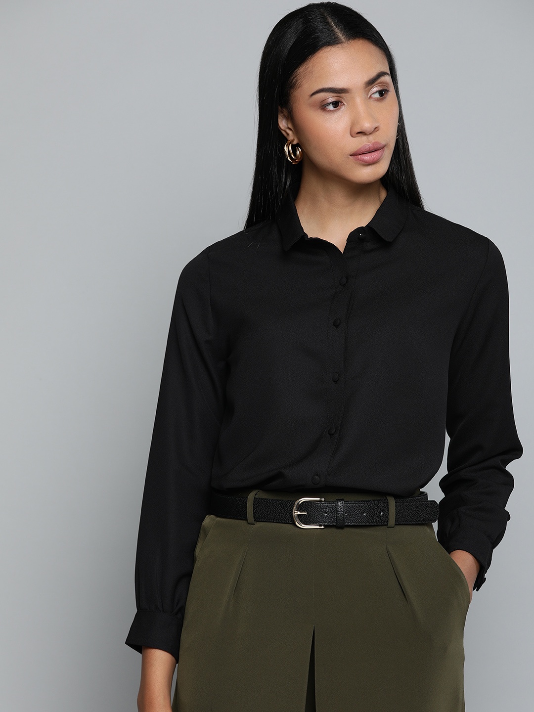 

Chemistry Women Black Regular Fit Solid Casual Shirt