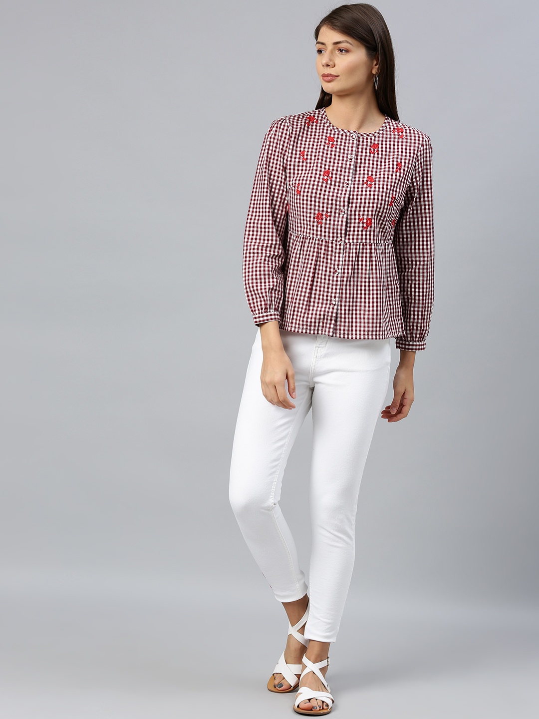 

Chemistry Women White & Burgundy Checked Shirt Style Top With Embroidery Detail