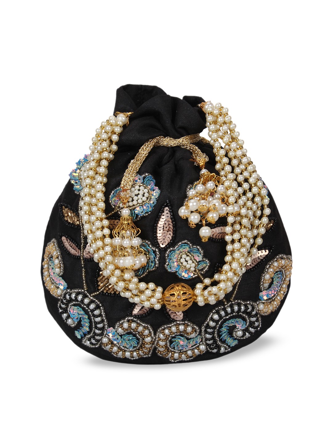

Anekaant Black & Blue Embellished Faux Silk Clutch