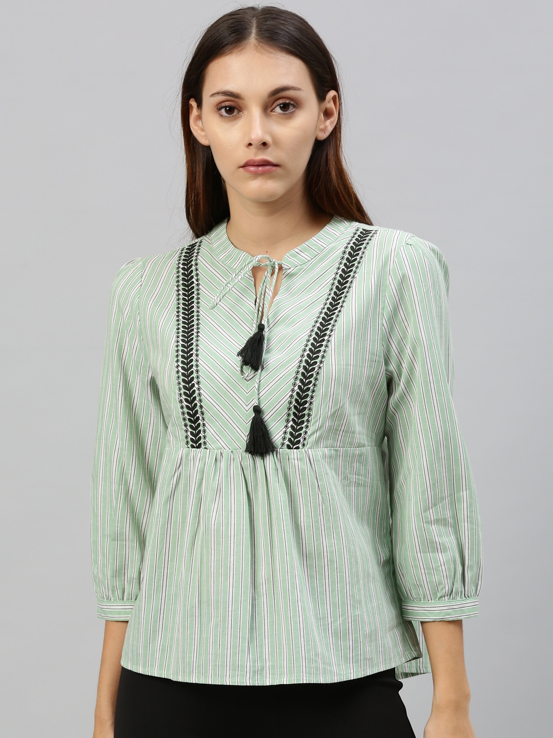 

Chemistry Women Green & White Striped Pure Cotton Top With Embroidered Detail