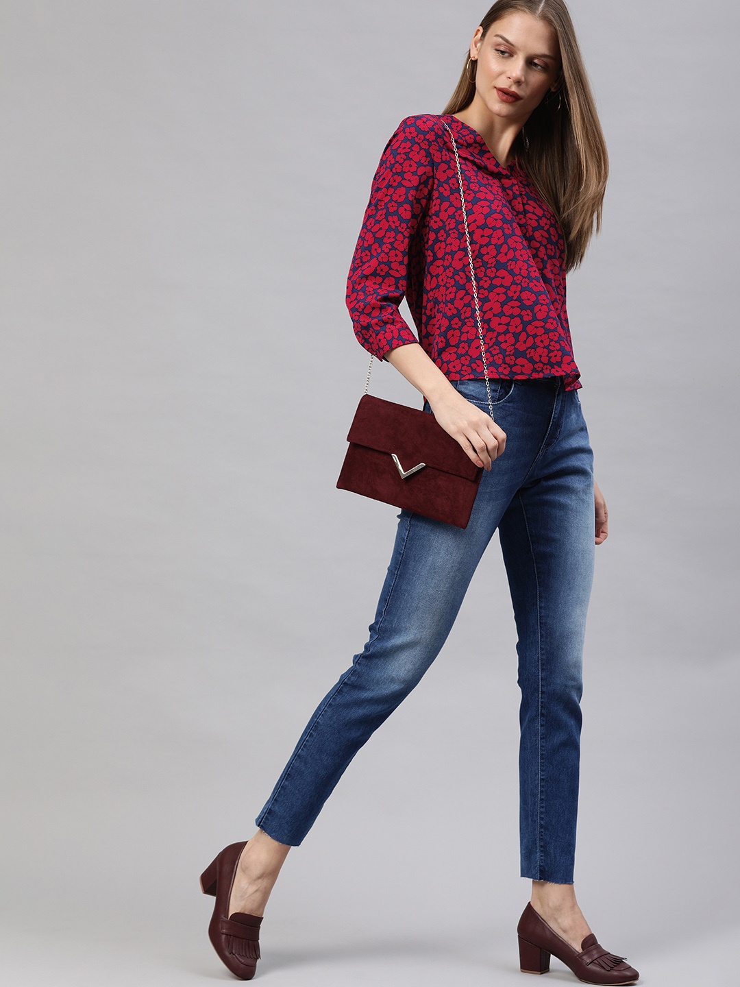 

Chemistry Women Red & Navy Blue Printed Regular Top