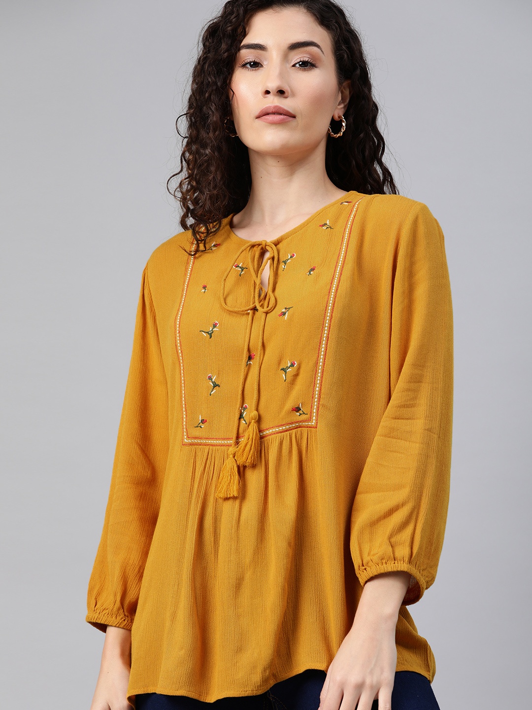 

Chemistry Women Mustard Yellow Ditsy Floral Embroidered Top with Gathers