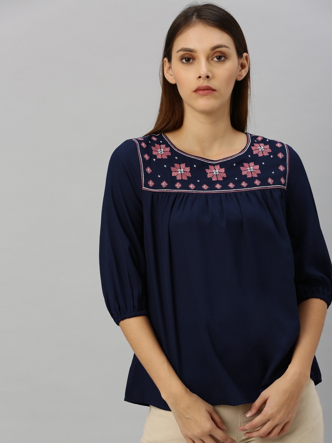 

Chemistry Women Navy Blue Embroidered Top