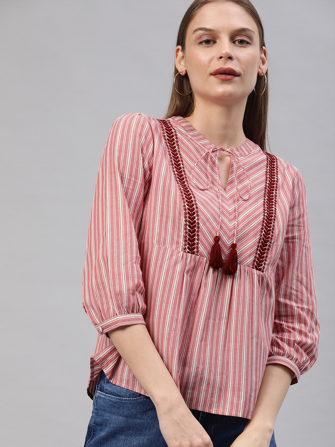 

Chemistry Women Pink & White Striped A-Line Top with Embroidery Detail