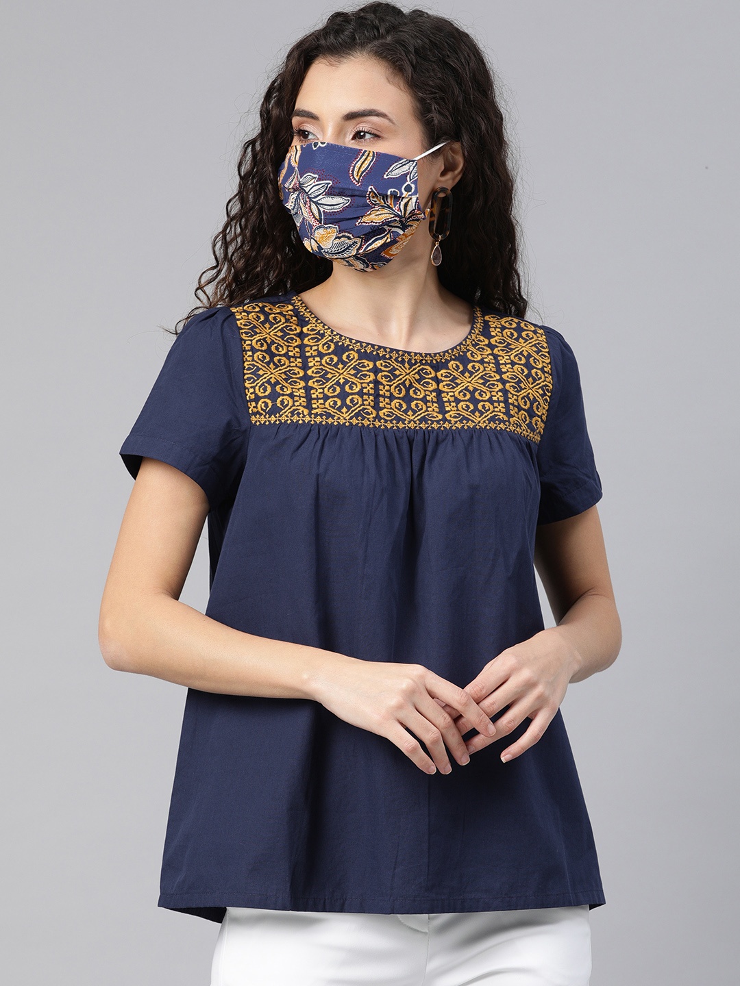 

Chemistry Women Navy Blue Solid Top with Embroidered Detail & Mask