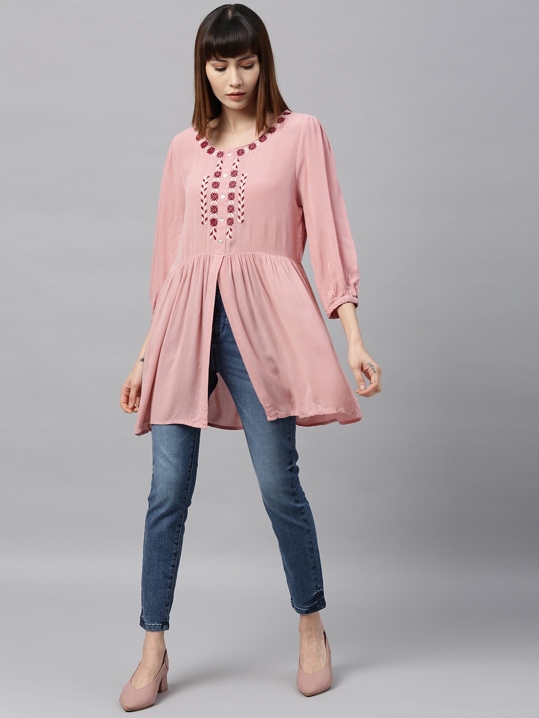 

Chemistry Pink Embroidered A-Line Longline Top With Front-Slit