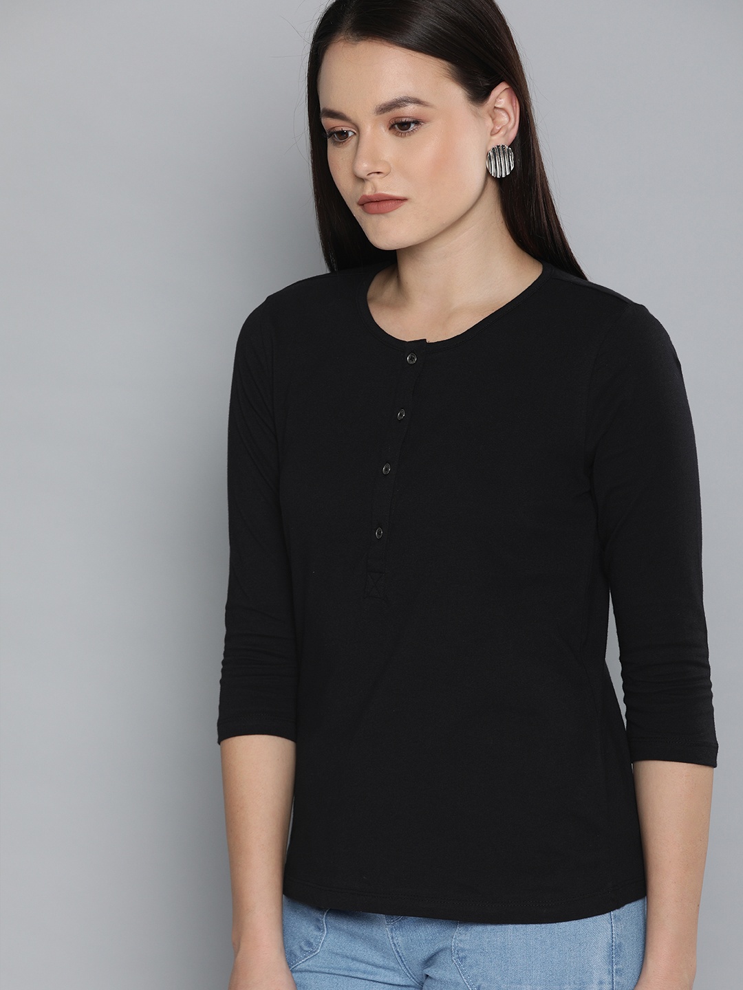 

Chemistry Women Black Solid Henley Neck Pure Cotton T-shirt