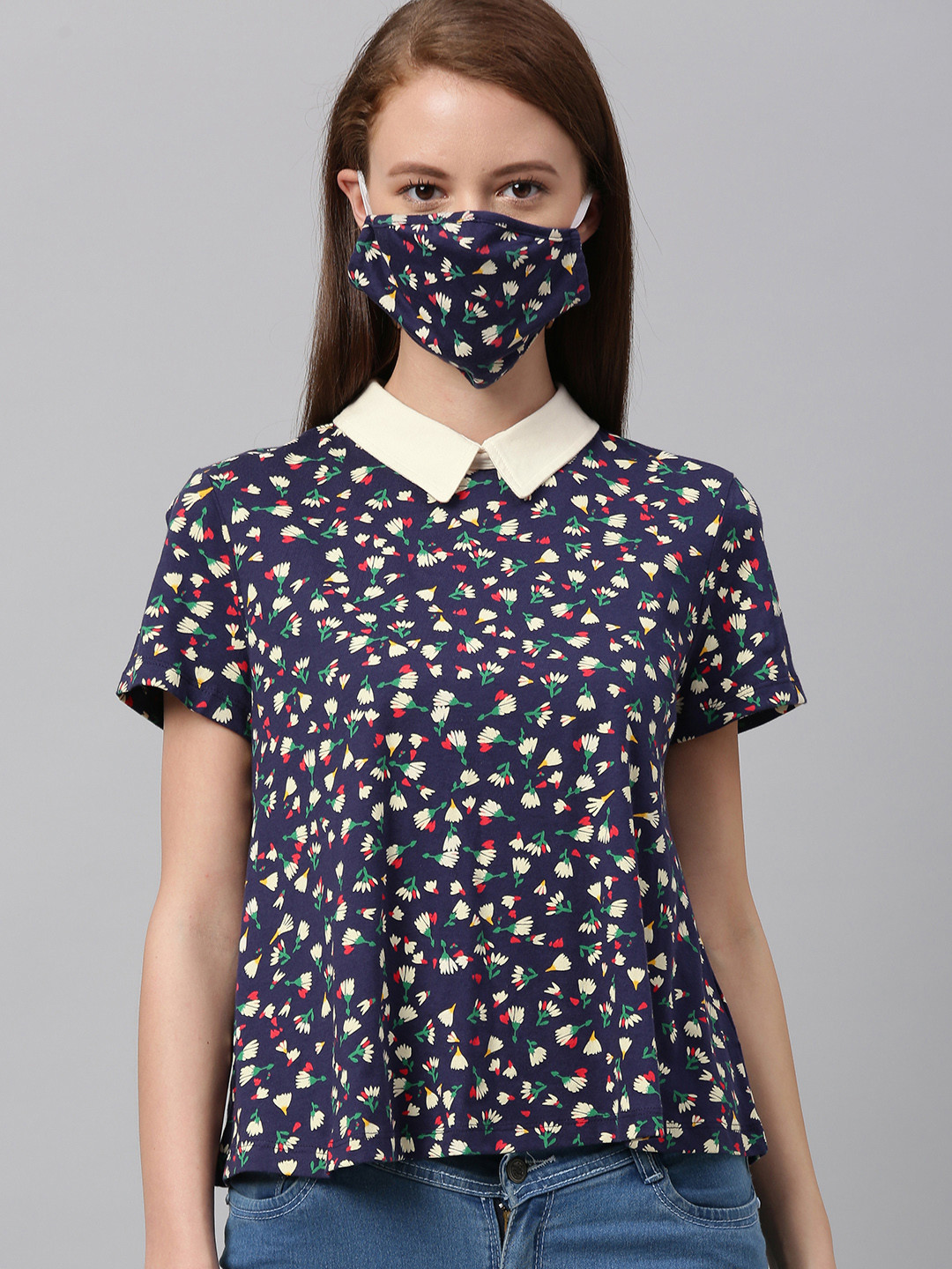 

Chemistry Women Navy Blue & Beige Floral Printed Pure Cotton Top with Matching Mask