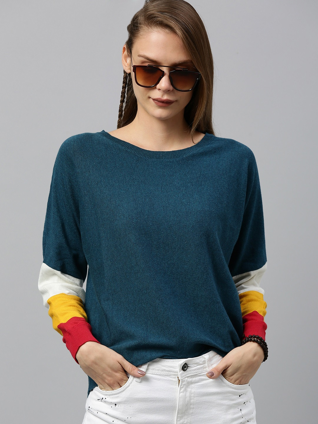 

The Roadster Lifestyle Co Women Teal Blue Solid Pullover Sweater with Striped Sleeves
