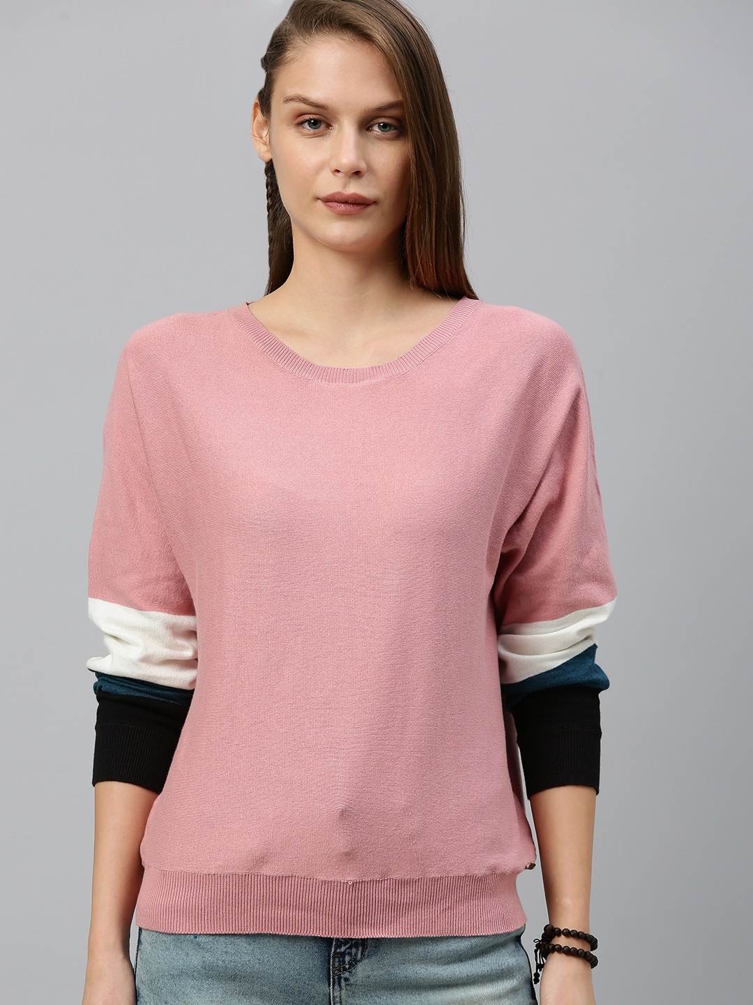 

The Roadster Lifestyle Co Women Pink Solid Pullover Sweater with Striped Sleeves