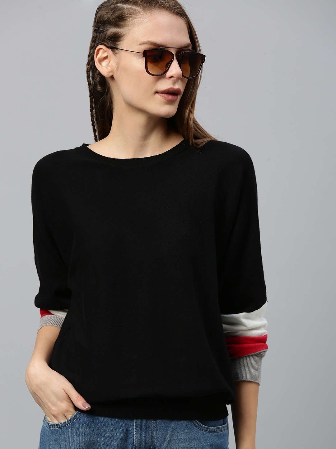 

The Roadster Lifestyle Co Women Black Solid Pullover Sweater with Striped Sleeves