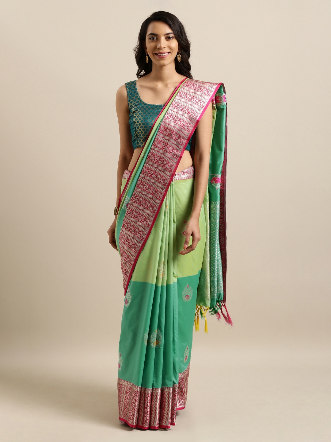 

Mitera Green & Pink Silk Blend Woven Design Kanjeevaram Saree