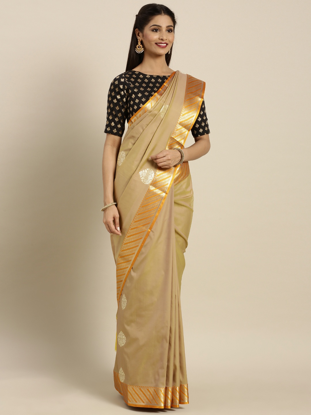 

Mitera Khaki & Orange Silk Blend Woven Design Kanjeevaram Saree