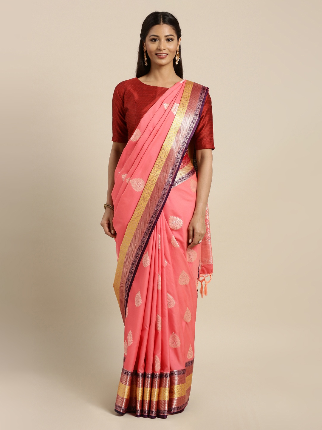 

Mitera Peach-Coloured Silk Blend Woven Design Kanjeevaram Saree