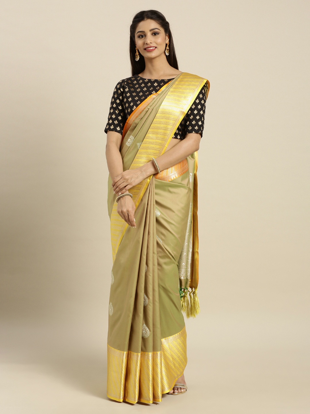 

Mitera Khaki Silk Blend Woven Design Kanjeevaram Saree