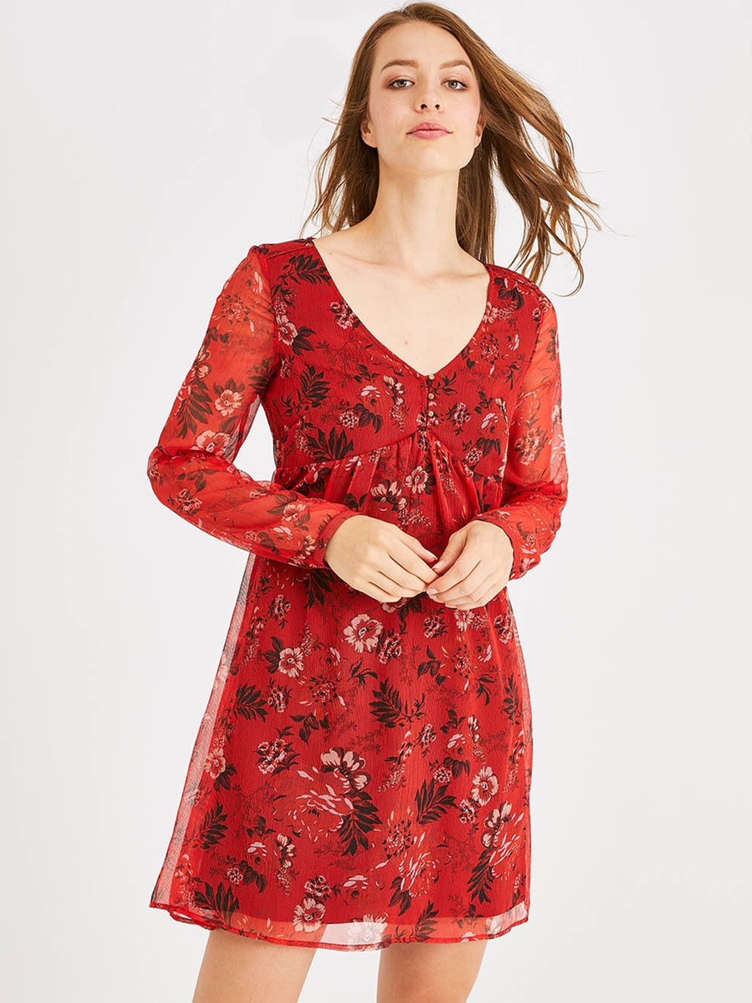 

promod Women Printed Red & Black Floral Print Empire Dress