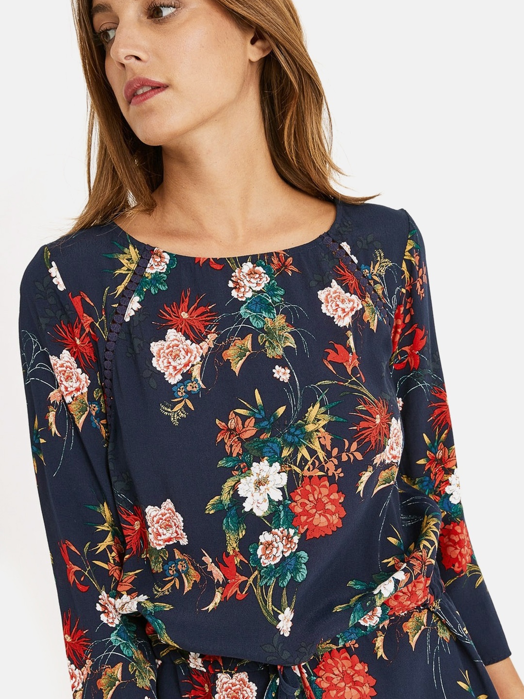 

promod Women Navy Blue Printed Fit and Flare Dress