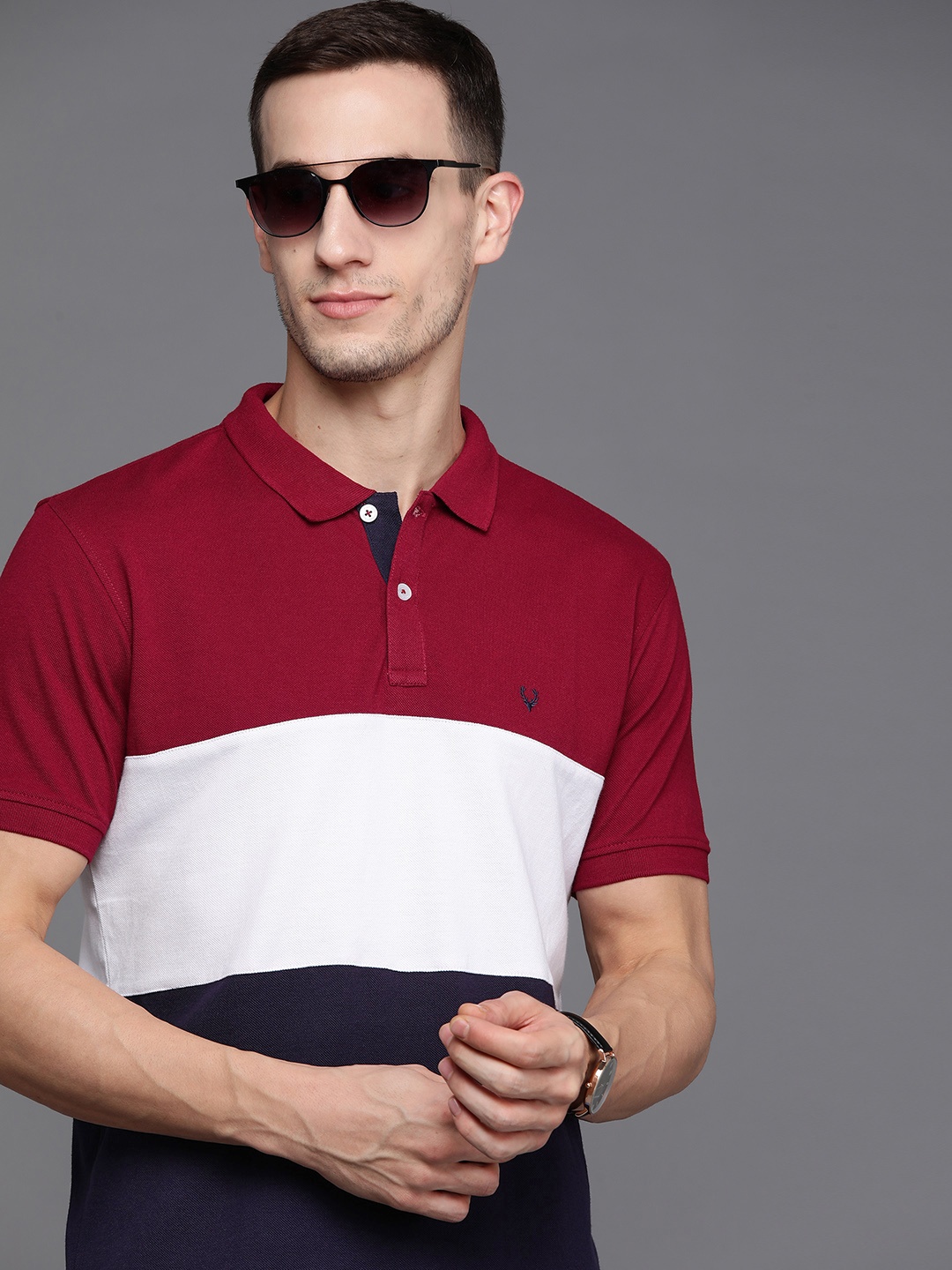 

Allen Solly Men Maroon & White Colourblocked Polo Collar T-shirt