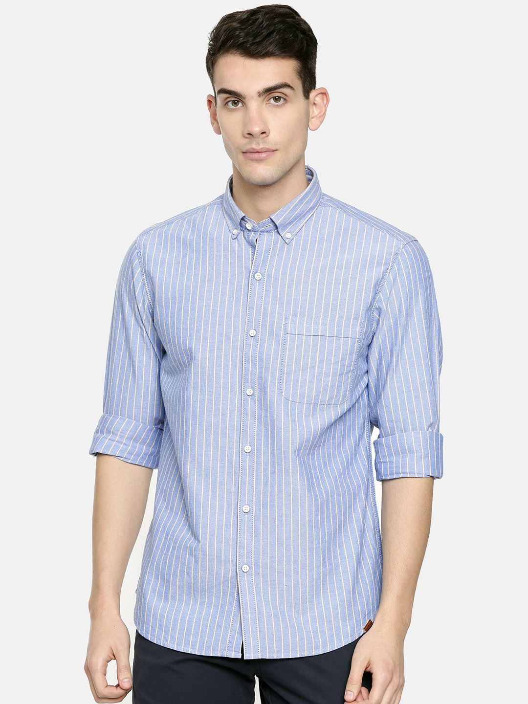 

John Players Men Blue & Yellow Trim Fit Striped Casual Shirt