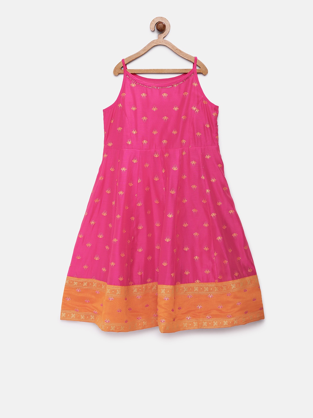 

Global Desi Girls Printed Pink & Orange A-Line Ethnic Dress