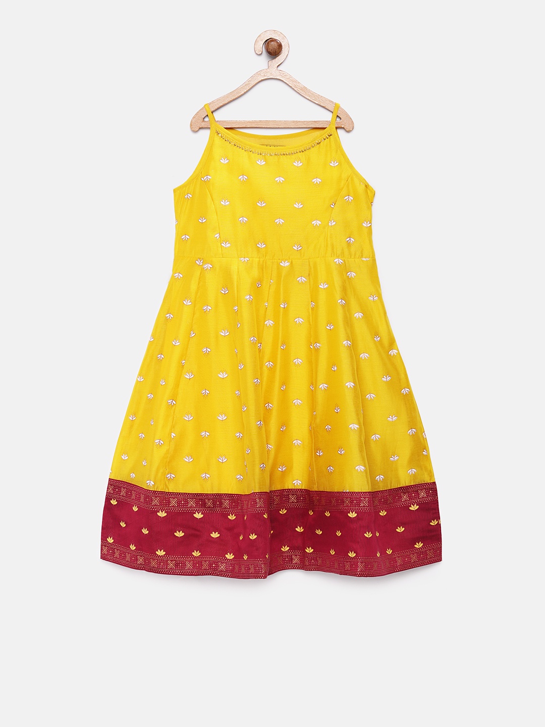 

Global Desi Girls Printed Yellow & Brown A-Line Ethnic Dress