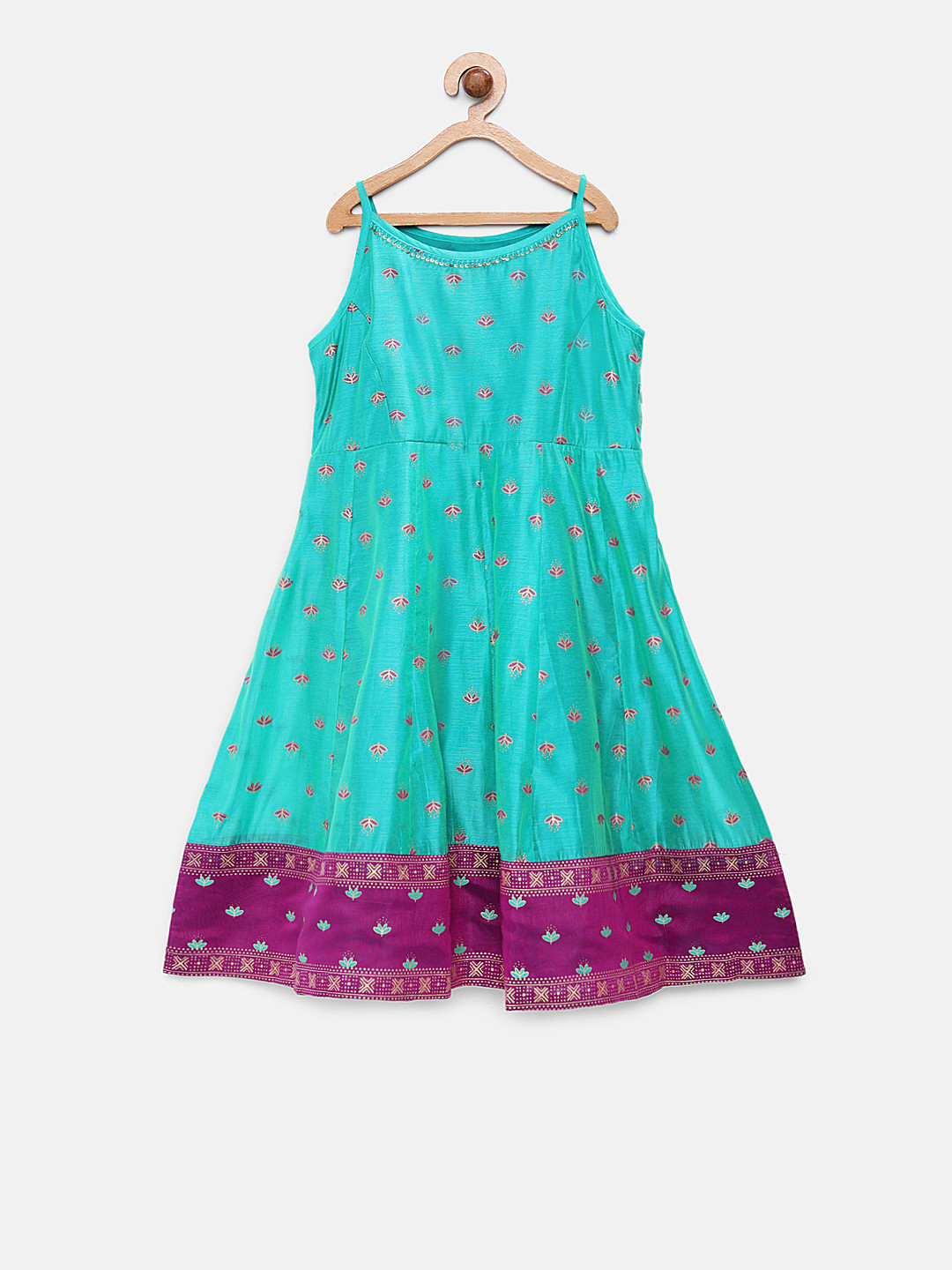 

Global Desi Girls Printed Sea Green & Purple A-Line Ethnic Dress