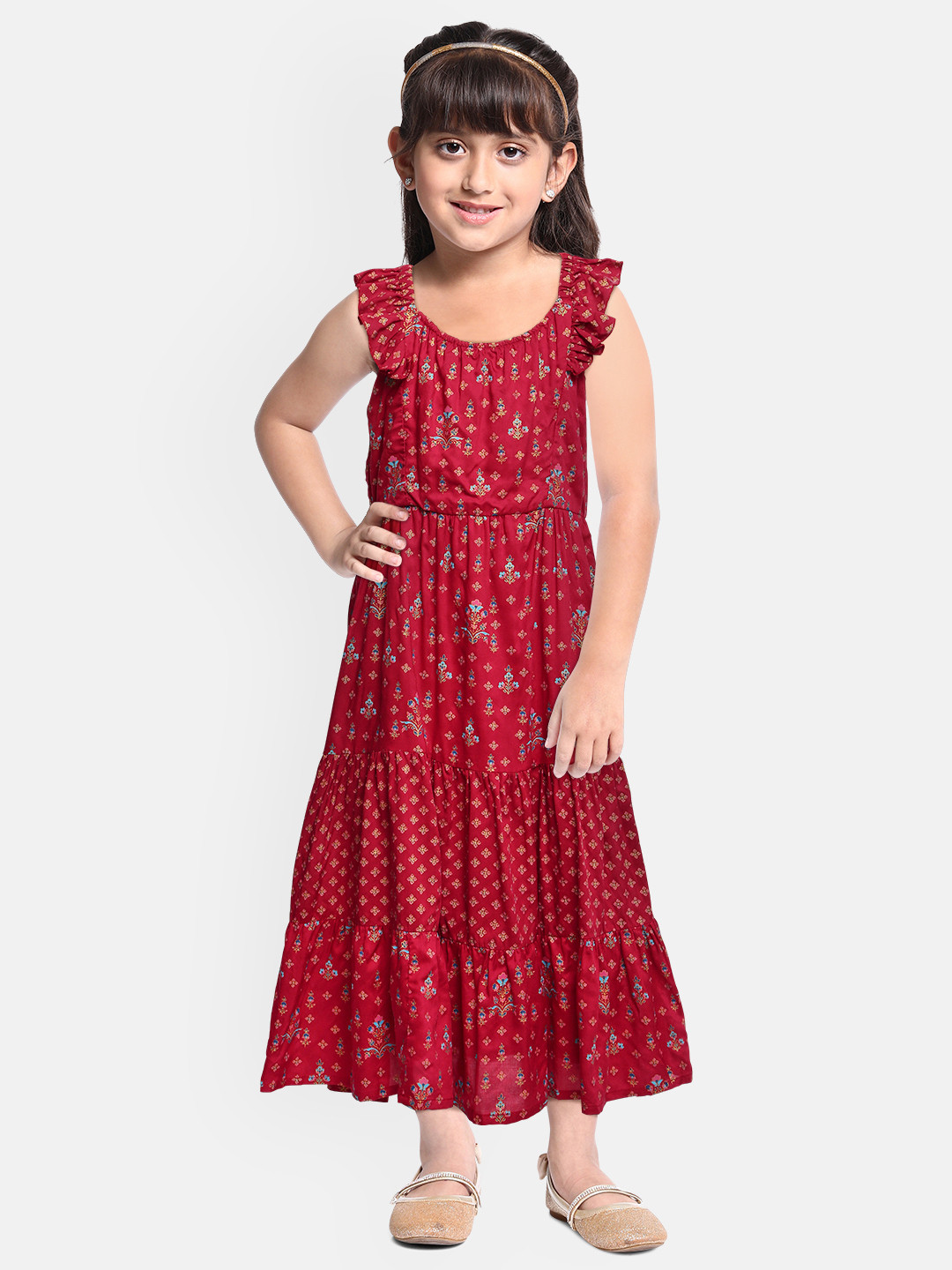 

Global Desi Girls Maroon Ethnic Print Tiered A-Line Dress