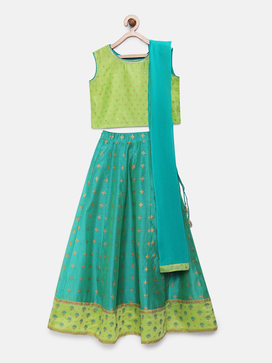 

Global Desi Girls Lime Green & Turquoise Blue Printed Ready to Wear Lehenga & Blouse with Dupatta