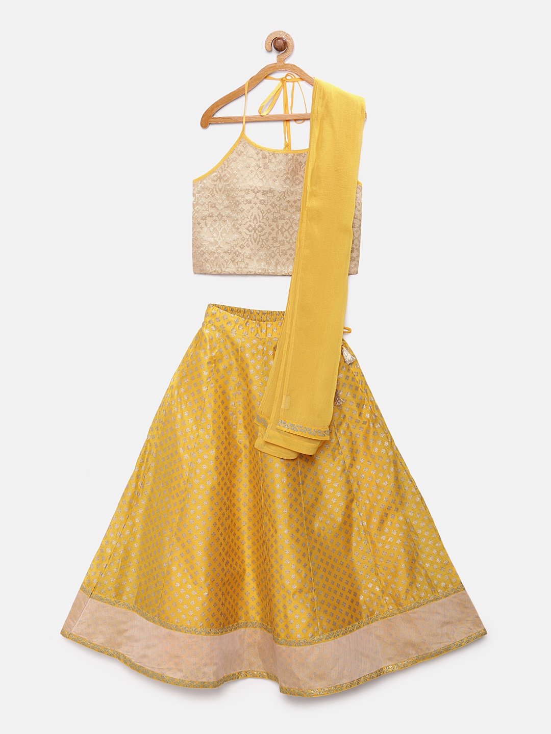 

Global Desi Girls Yellow & Beige Woven Design Ready to Wear Lehenga & Blouse with Dupatta