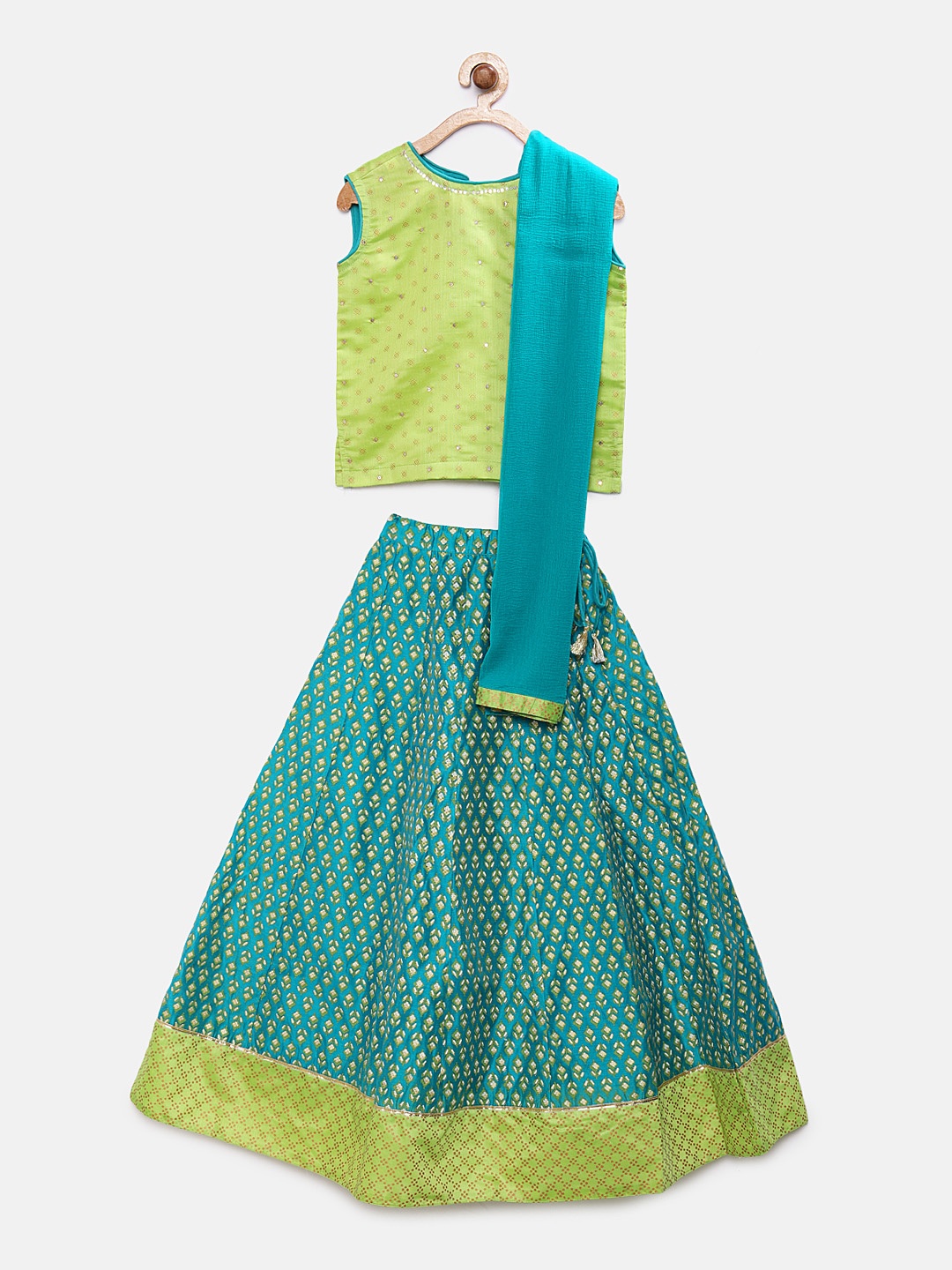 

Global Desi Girls Lime Green & Teal Printed Ready to Wear Lehenga & Blouse with Dupatta