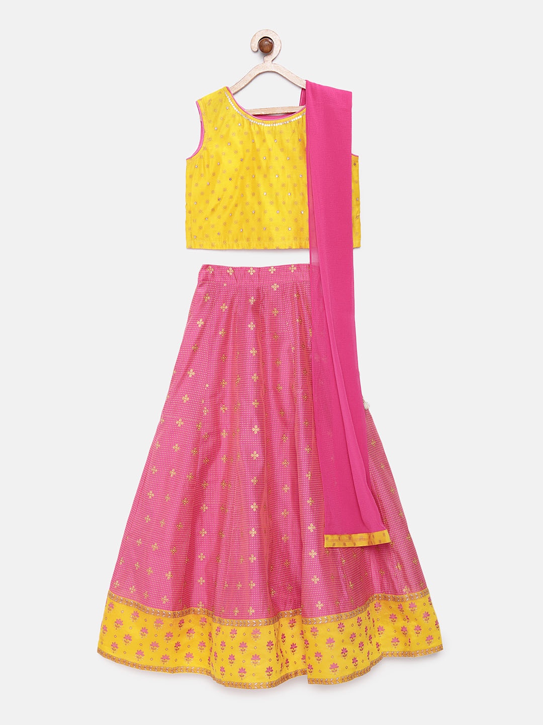 

Global Desi Girls Pink & Yellow Printed Ready to Wear Lehenga & Blouse with Dupatta
