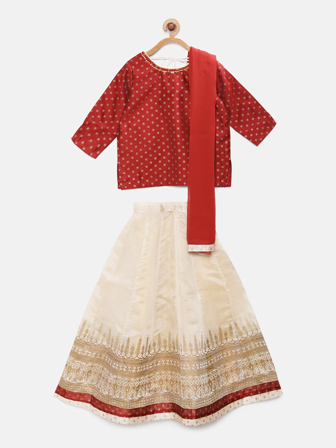 

Global Desi Girls Red & Beige Printed Ready to Wear Pattu Pavadai with Dupatta
