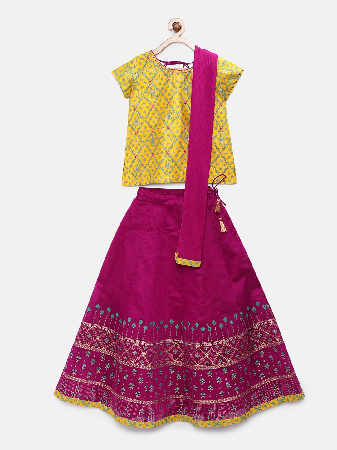 

Global Desi Girls Magenta & Yellow Printed Ready to Wear Lehenga & Blouse with Dupatta